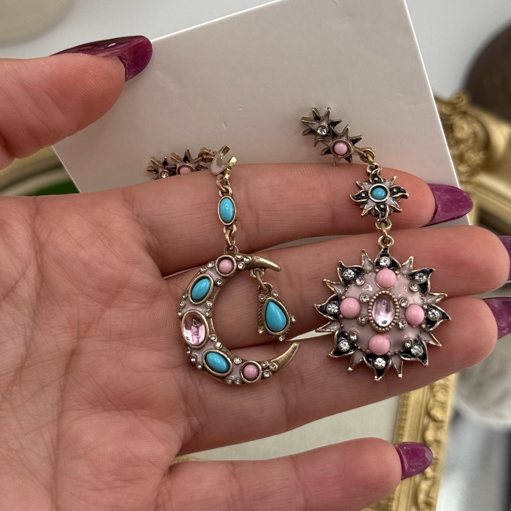 Asymmetric Moon & Sun Drop Earrings – Pink & Turquoise Crystals - Picture 7 of 7